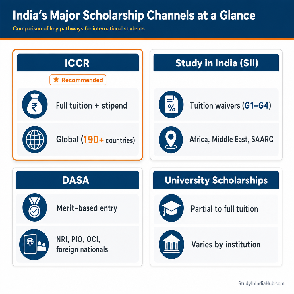 StudyInIndiaHub.com — India's Major Scholarship Channels at a Glance