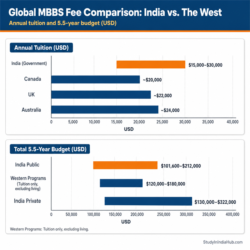 StudyInIndiaHub.com — Global MBBS Fee Comparison: India vs. The West